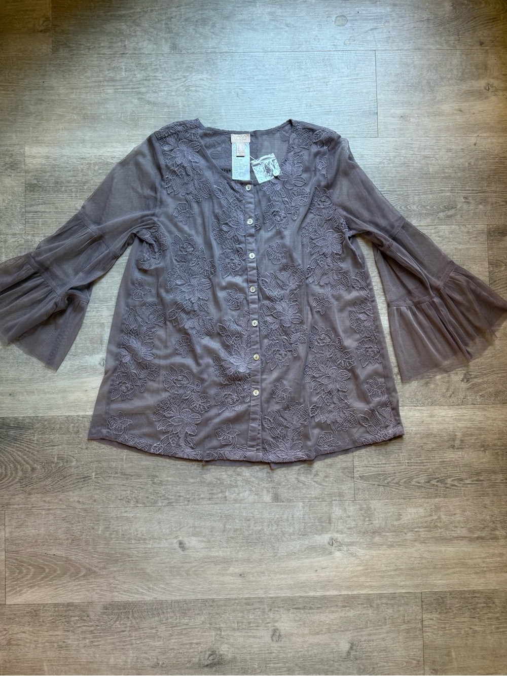 LOGO By Lori Goldstein Sheer Mesh Embroidered Button Front Top Mauve Size XS/S